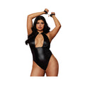 Dreamgirl Wetlook Corseted Back Halter-Neck Thong Teddy With Wrist Restraints Black Queen Size