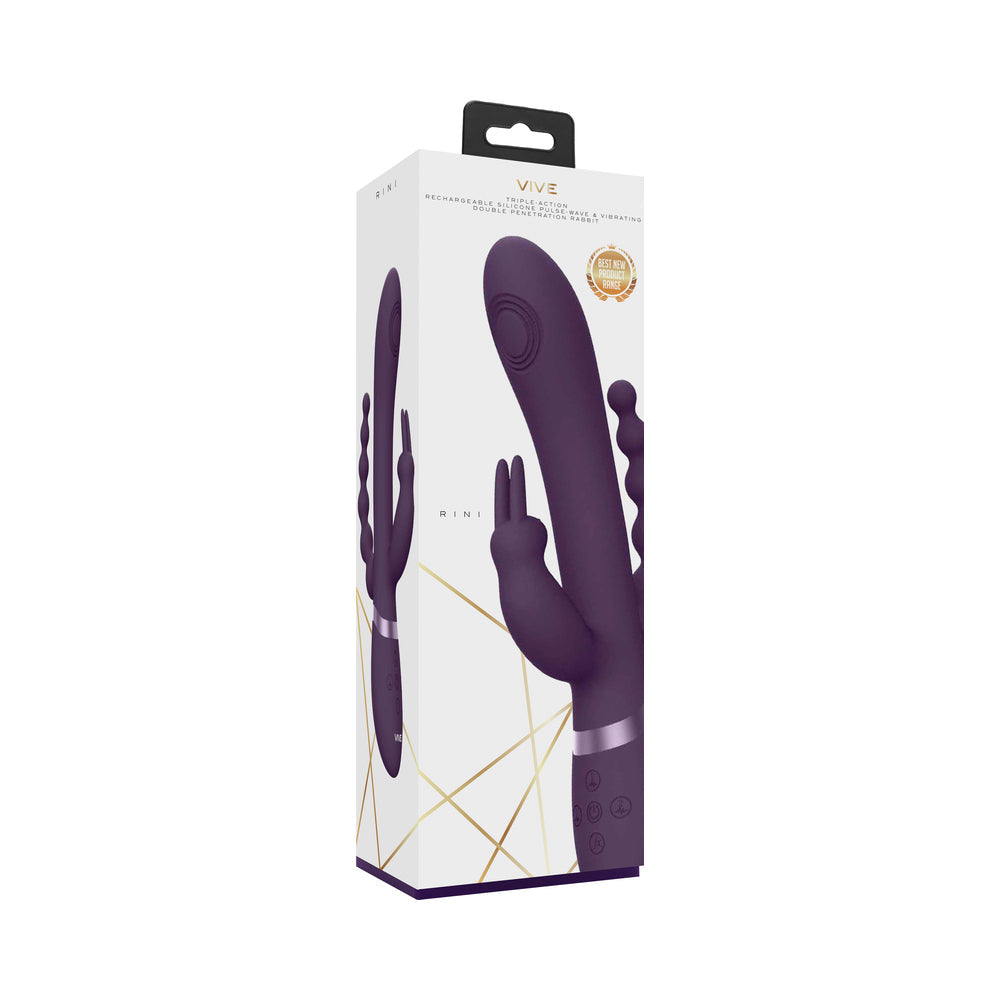 VIVE RINI Rechargeable Triple-Motor Pulse-Wave Dual Entry Silicone Rabbit Vibrator Purple - Fantasies Boutique