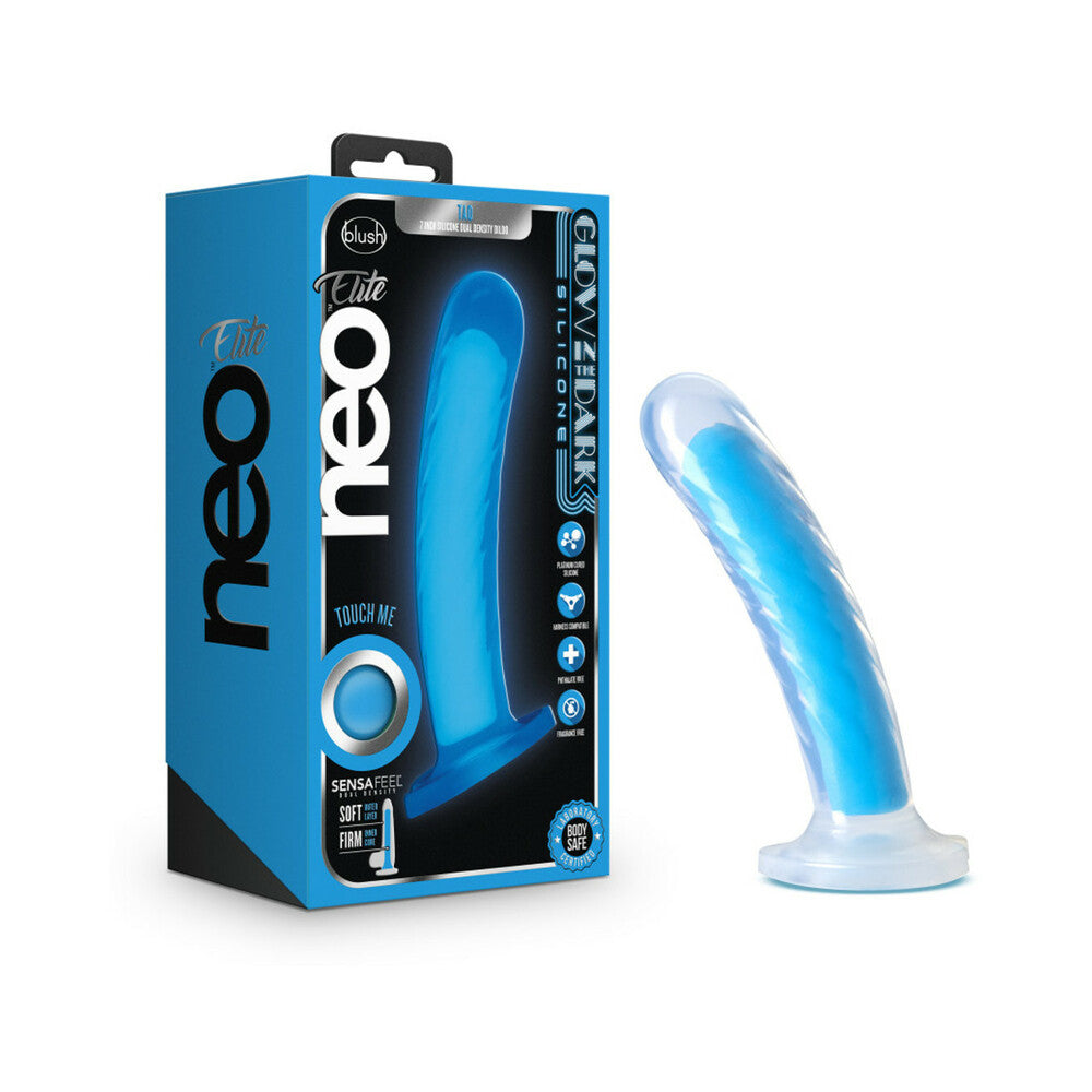 Neo Elite Glow in the Dark Tao 7 in. Dual-Density Dildo Neon Blue - Fantasies Boutique