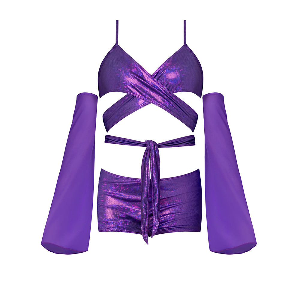 Magic Silk Glimmer Wrap Bralette, Booty Shorts & Sleeve Set Purple Disco S/M