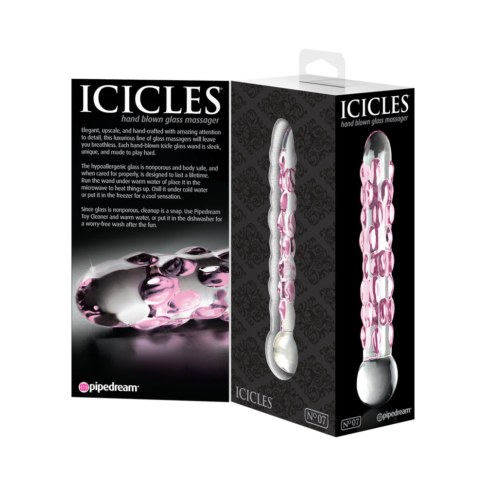 Pipedream Icicles No. 7 Textured 7 in. Glass Dildo Pink/Clear - Fantasies Boutique