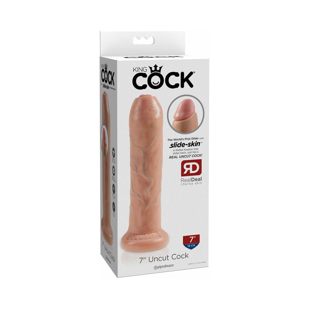 King Cock 7 in. Uncut Cock Realistic Dildo With Moveable Foreskin & Suction Cup Beige - Fantasies Boutique