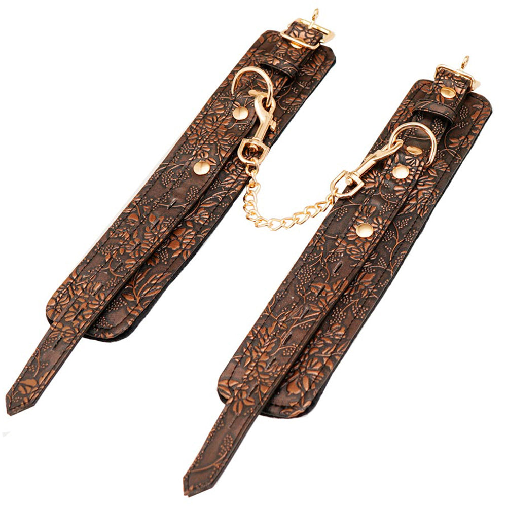 Ankle Restraints Brown PU Floral Print With Faux Fur Lining - Fantasies Boutique