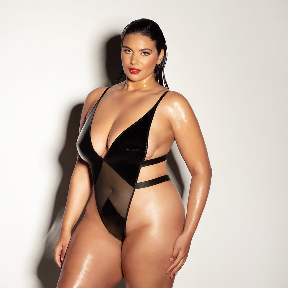 Oh La La Cheri Limitless Soft Cup High Leg Vinyl and Mesh Teddy 1XL/2XL - Fantasies Boutique