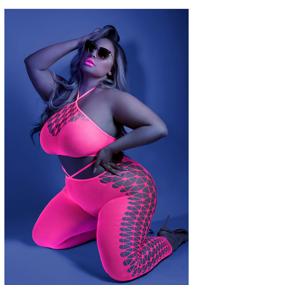 Fantasy Lingerie Glow Own The Night Cropped Cut-Out Halter Bodystocking Neon Pink Queen Size - Fantasies Boutique