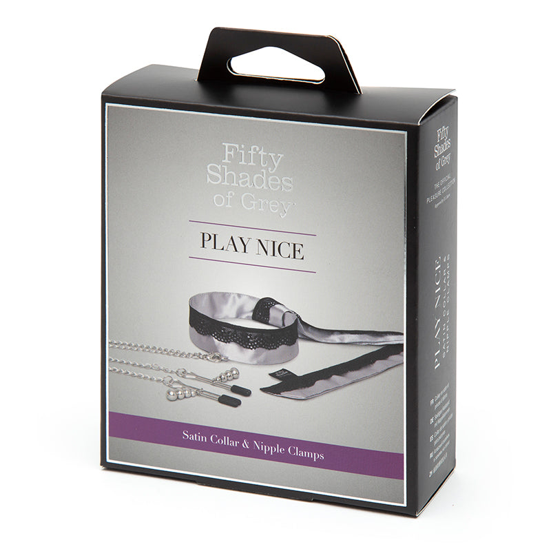Fifty Shades of Grey Play Nice Satin Collar With Lace Trim & Adjustable Nipple Clamps Gray - Fantasies Boutique