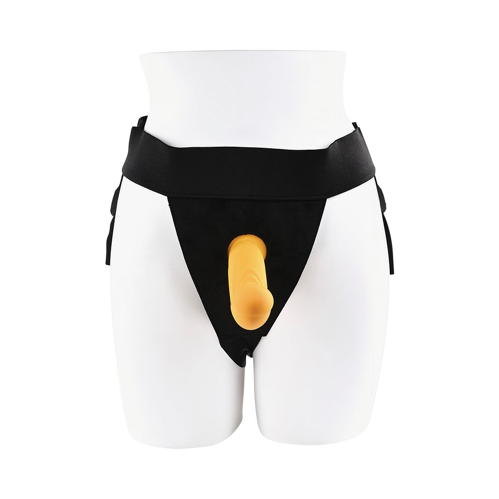 Gender X Sweet Embrace Vibrating 7 in. Dildo and Jock-Style Strap-On Harness Set Yellow/Black - Fantasies Boutique