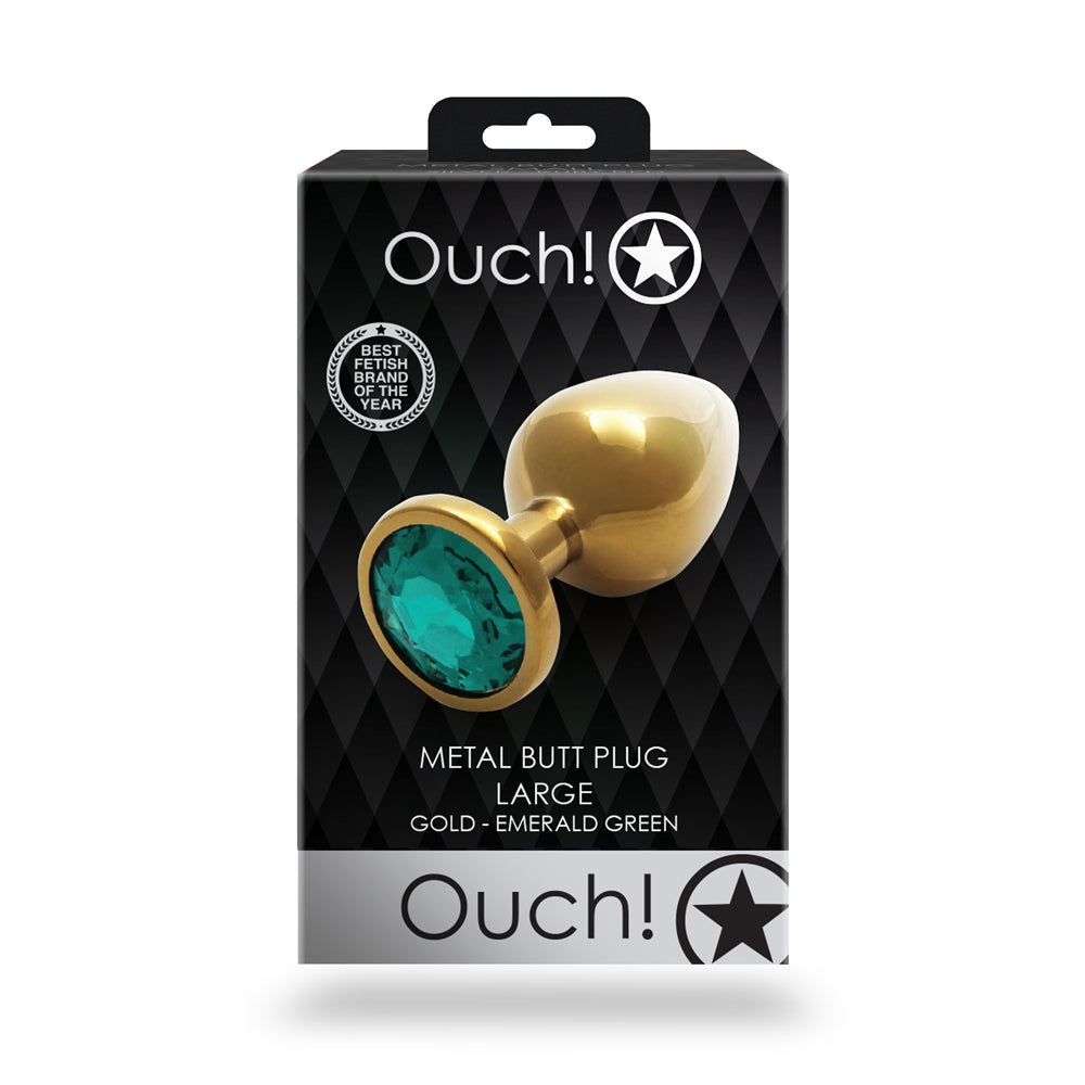 Shots Ouch! Round Gem Butt Plug Large Gold/Emerald Green - Fantasies Boutique