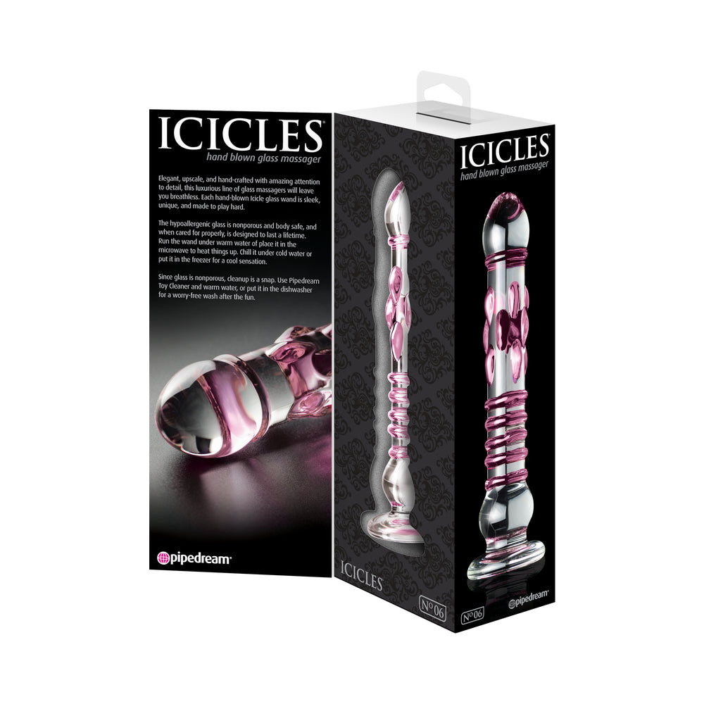 Pipedream Icicles No. 6 Textured 8.5 in. Glass Dildo Pink/Clear - Fantasies Boutique