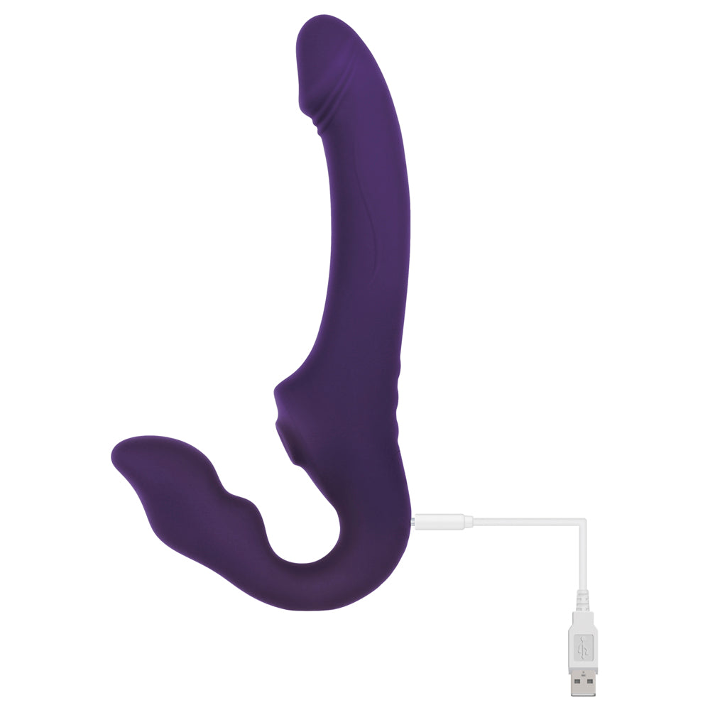 Evolved 2 Become 1 Rechargeable Remote-Controlled Silicone Strapless Strap-On With Suction Purple - Fantasies Boutique