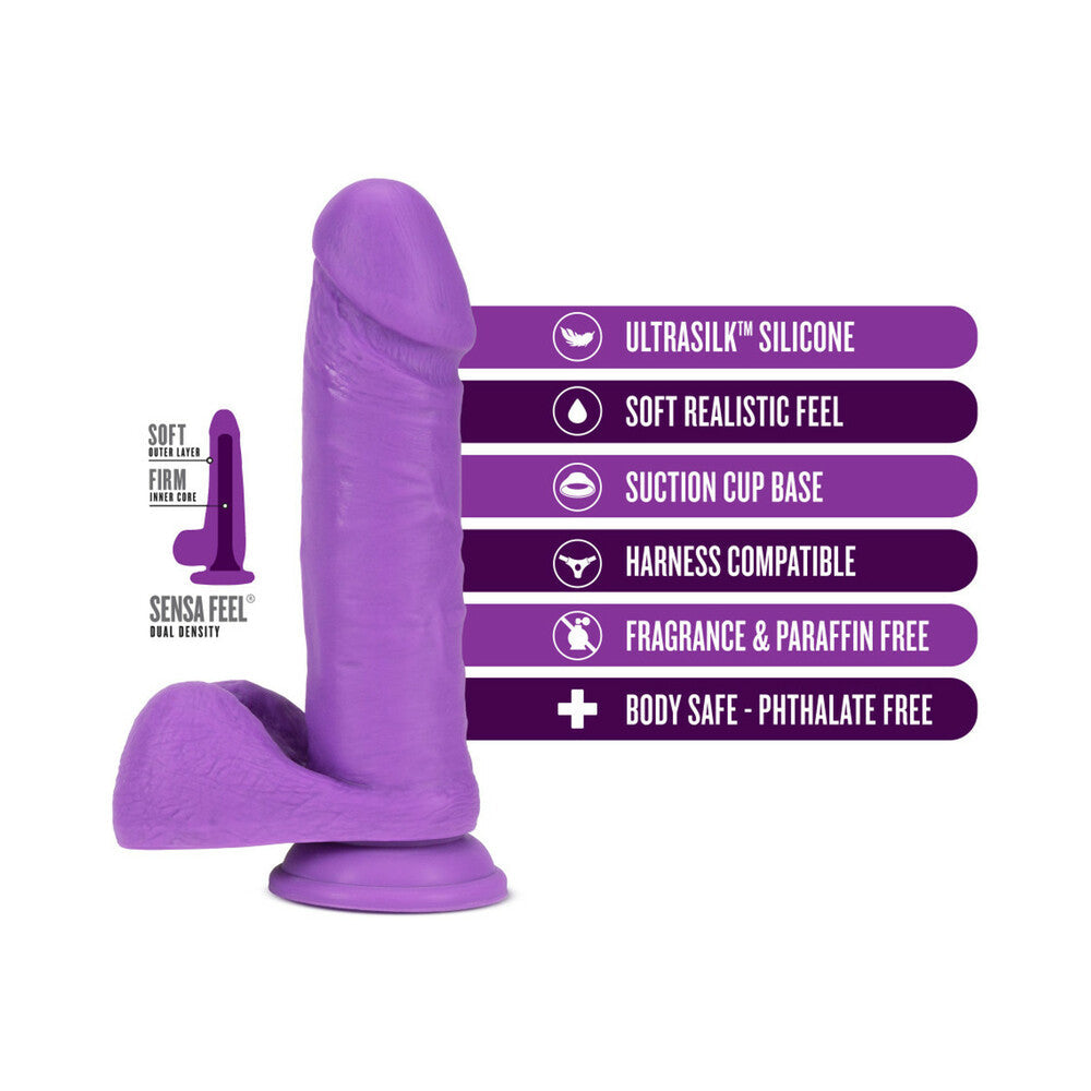 Blush Neo Elite 8 in. Silicone Dual Density Dildo With Balls & Suction Cup Neon Purple - Fantasies Boutique