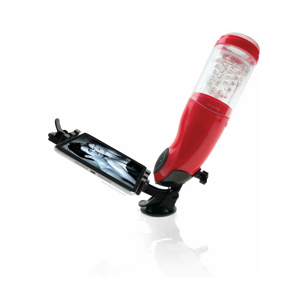 PDX Mega-Bator Mouth Rechargeable Rotating Thrusting Stroker With Hands-Free Suction Cup Clear/Red - Fantasies Boutique
