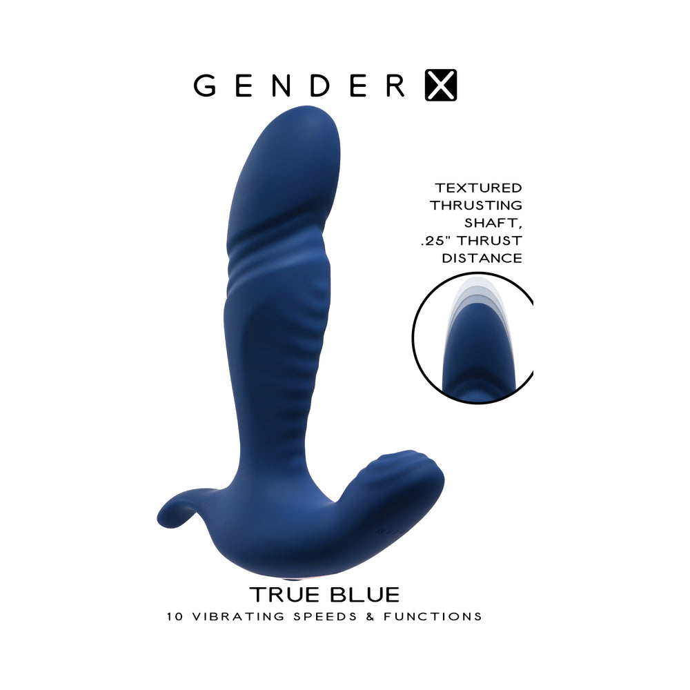 Gender X True Blue Rechargeable Thrusting Silicone Vibrator Blue - Fantasies Boutique