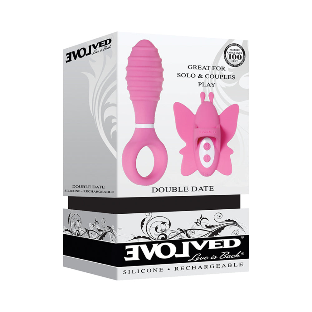 Evolved Double Date Rechargeable Silicone Vibrating Anal Plug and Clit Stimulator Couples Set Pink - Fantasies Boutique