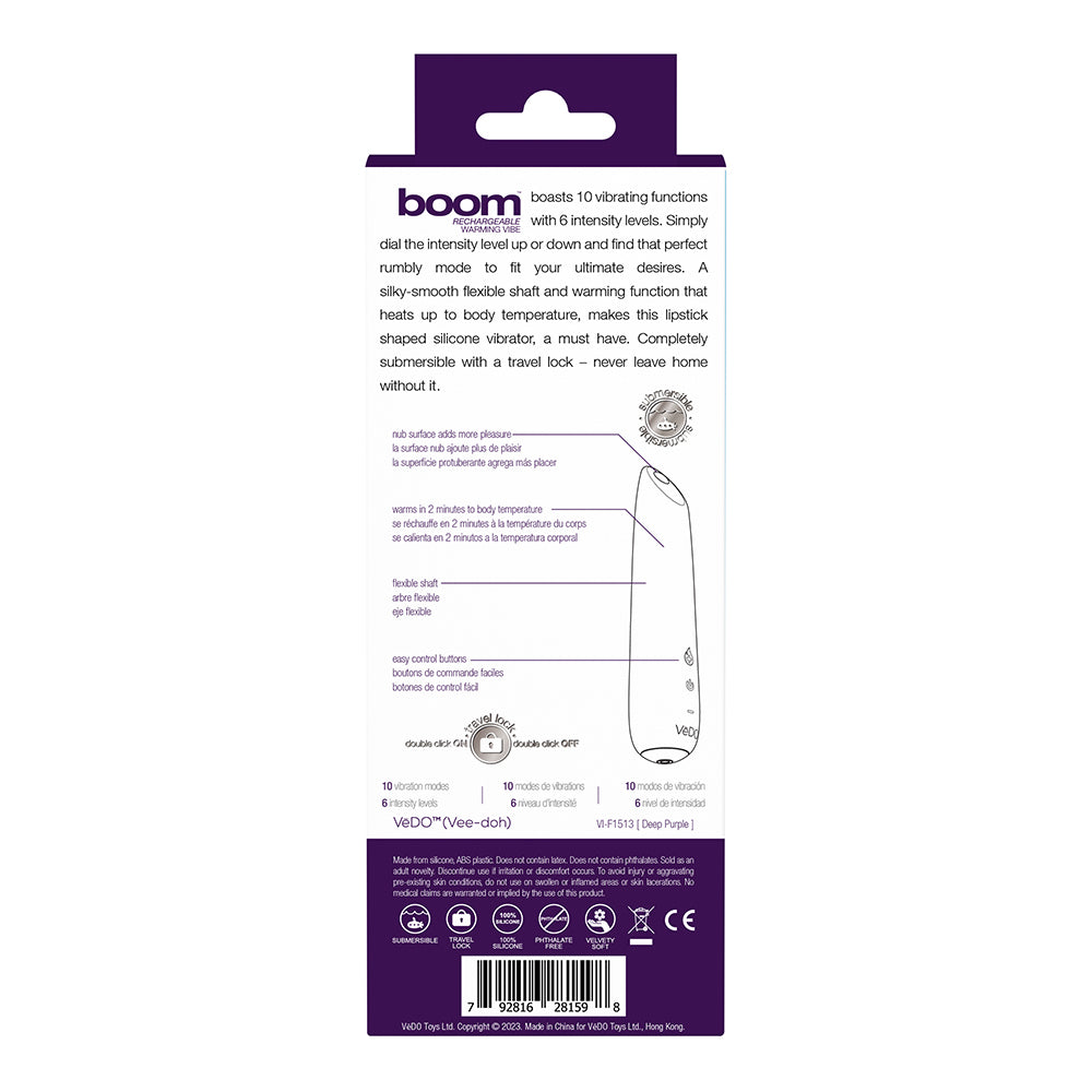 VeDO Boom Rechargeable Warming Silicone Slimline Vibrator Purple - Fantasies Boutique