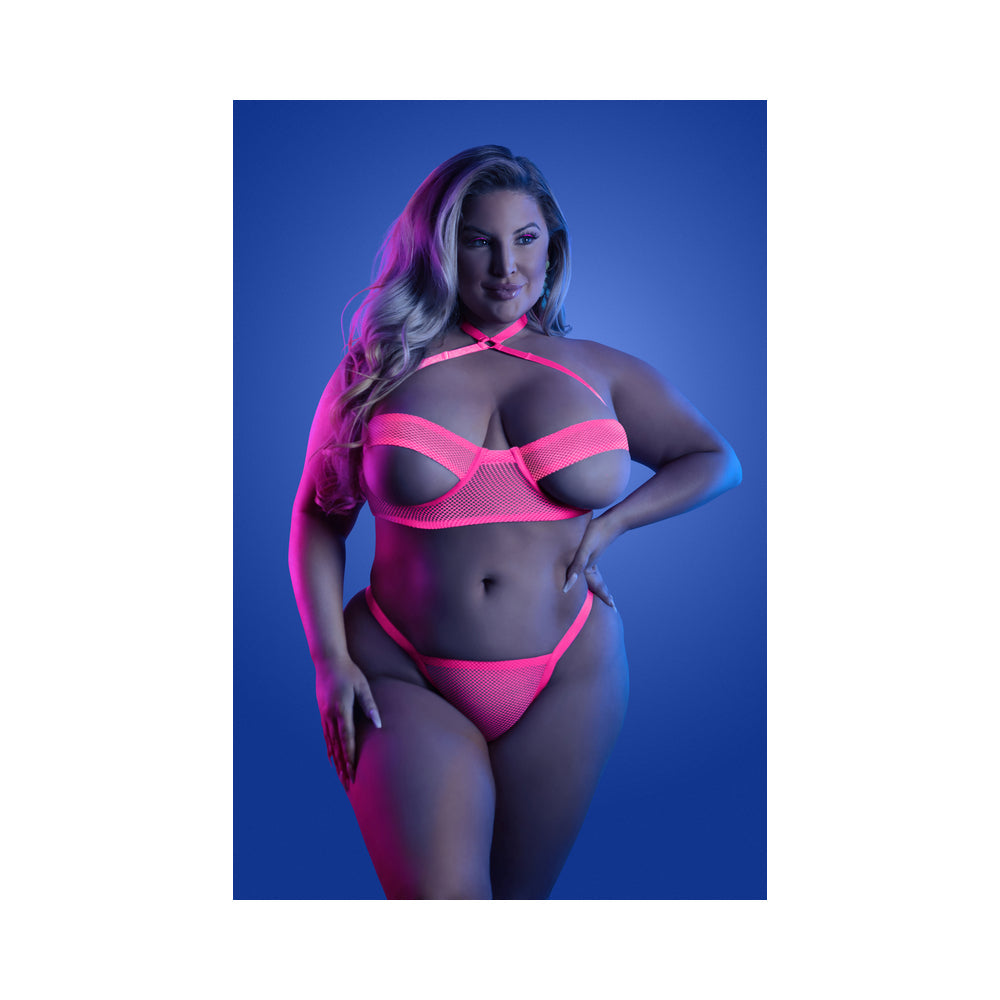 Fantasy Lingerie Glow Slow Motion Peek-A-Boo Bra & Panty Neon Pink Queen Size - Fantasies Boutique
