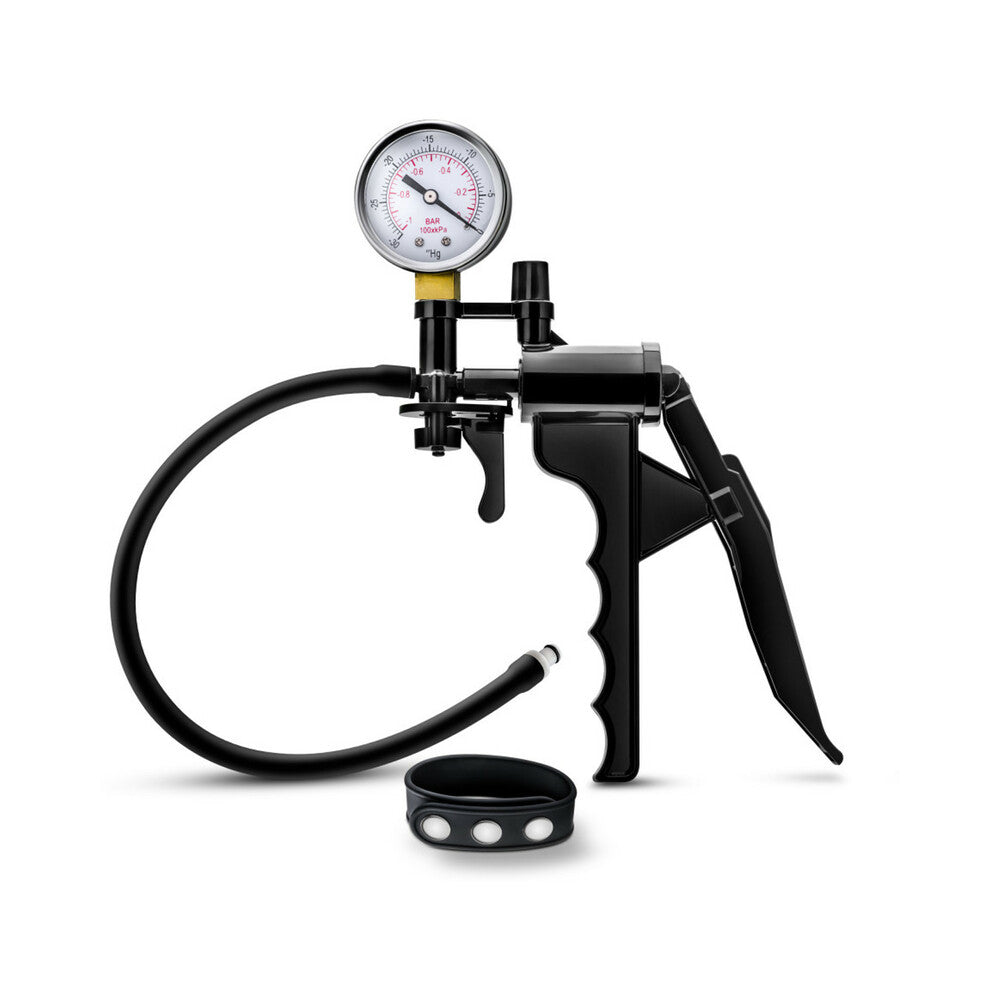Blush Performance Gauge Pump Pistol with Silicone Tubing & Silicone Cock Strap Black - Fantasies Boutique
