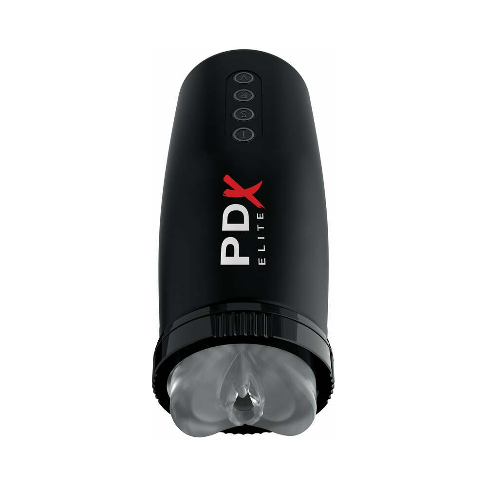 PDX Elite Motobator 2 Rechargeable Thrusting Vibrating Masturbator Clear/Black - Fantasies Boutique