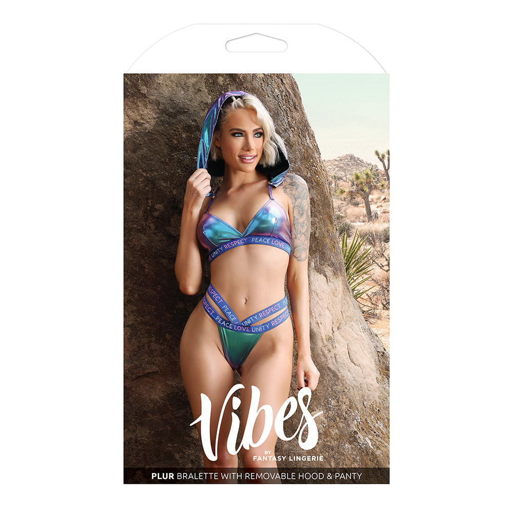 Fantasy Lingerie Vibes Plur Holographic Bralette with Removable Hood & Panty Aqua Holo M/L - Fantasies Boutique
