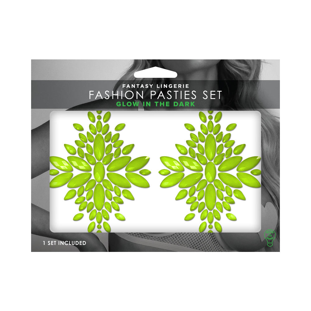 Fantasy Lingerie Glow-In-The-Dark Crystal 1 Pair Jeweled Pasties Neon Green O/S - Fantasies Boutique