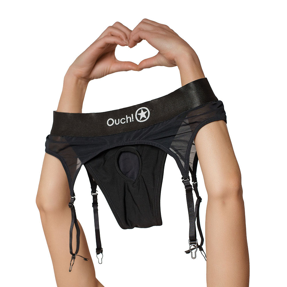Ouch! Vibrating Strap-on Thong with Adjustable Garters Black M/L - Fantasies Boutique