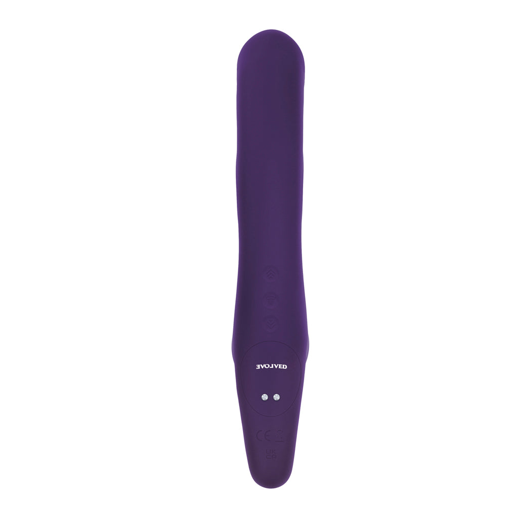 Evolved 2 Become 1 Rechargeable Remote-Controlled Silicone Strapless Strap-On With Suction Purple - Fantasies Boutique