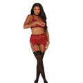 Dreamgirl Fishnet and Lace Four-Piece Set With Stretch Velvet Trim Accents Garnet OS - Fantasies Boutique