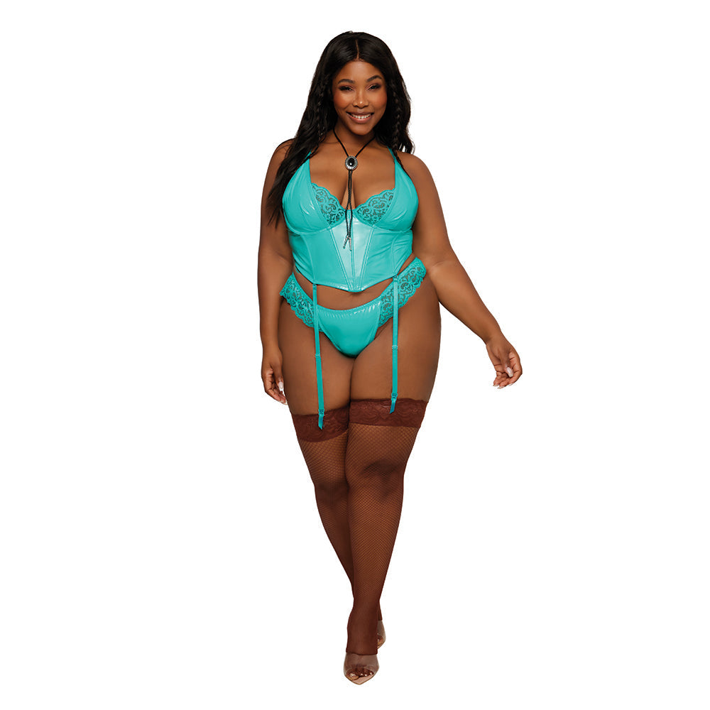 Dreamgirl Stretch Vinyl and Lace Bustier and G-string Set Ocean 2XL - Fantasies Boutique