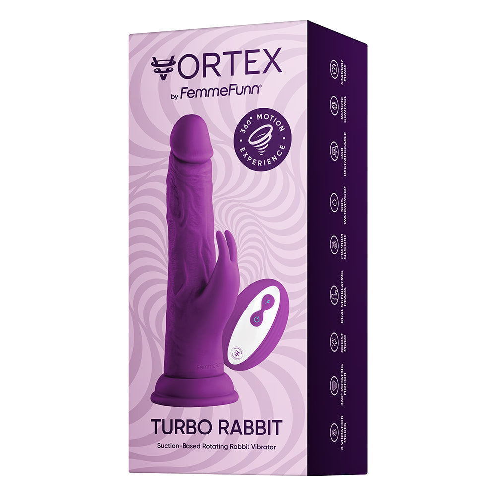 FemmeFunn Vortex Turbo Rabbit 2.0 8 in. Dual Stimulation Vibrating Dildo Purple - Fantasies Boutique
