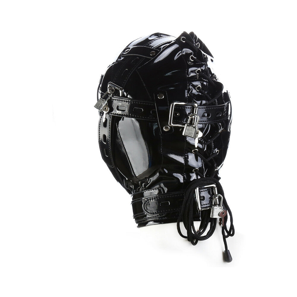 Ple'sur Shiny Pleather Locking Deprivation Hood With Single Nose Hole Black Bag Packaging - Fantasies Boutique