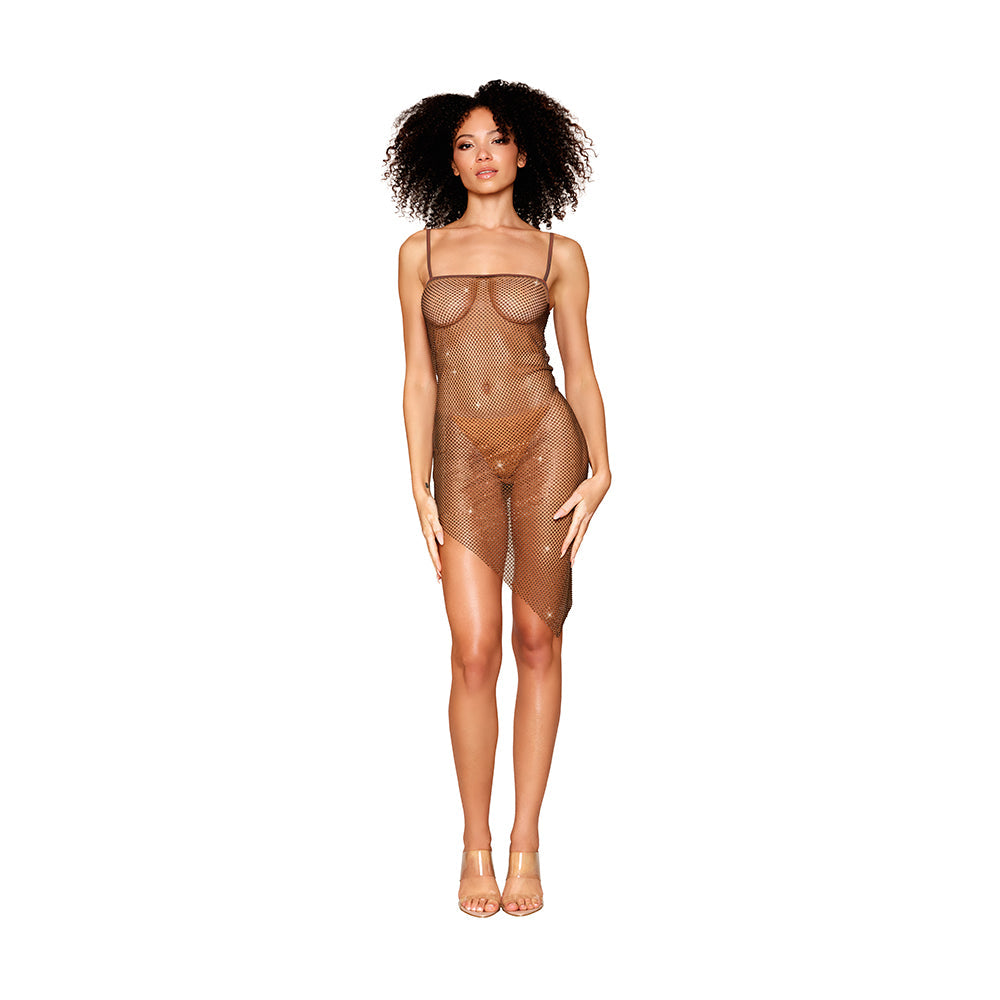 Dreamgirl Rhinestone Embellished Fishnet Chemise with an Asymmetrical Hemline Espresso XL - Fantasies Boutique