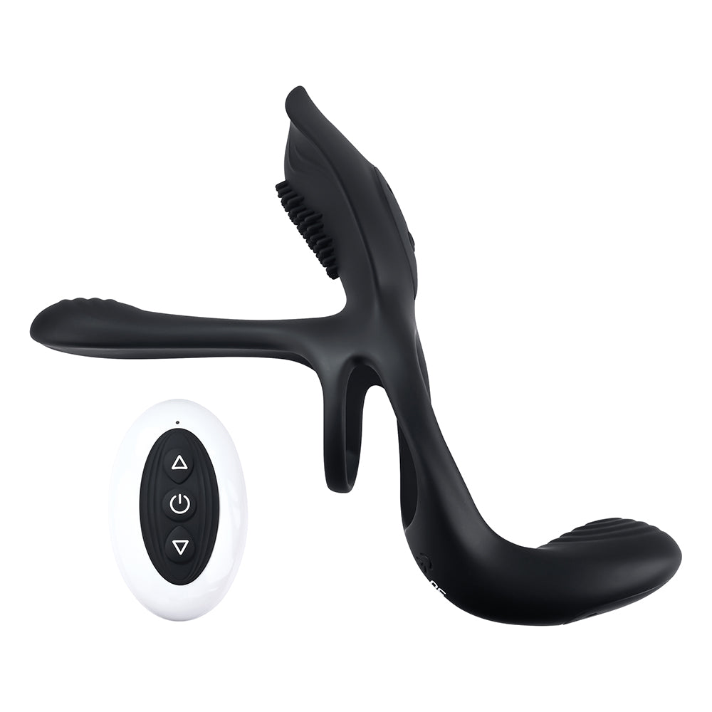 Playboy The 3 Way Rechargeable Remote Controlled Vibrating Silicone Cockring with Stimulator Black - Fantasies Boutique