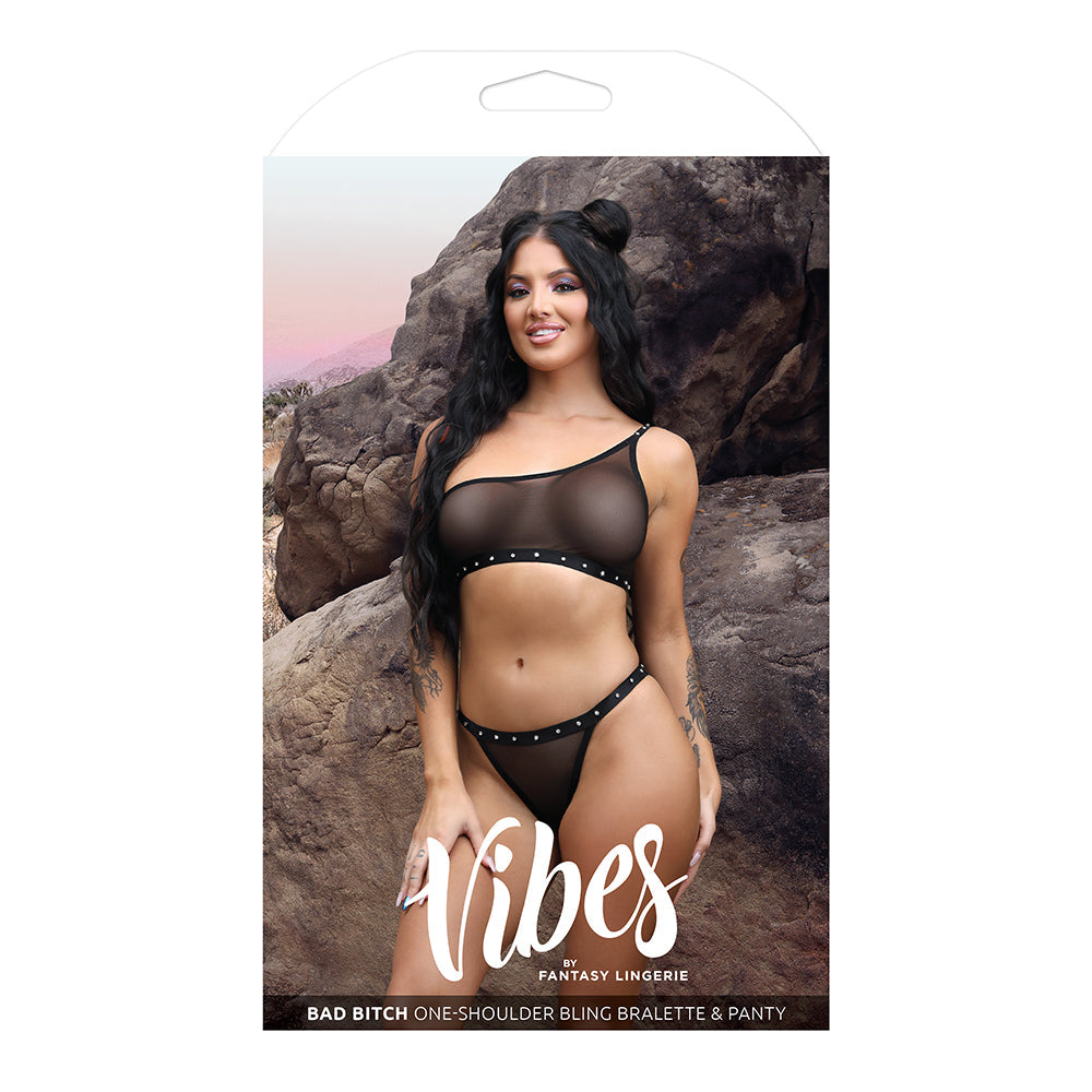 Fantasy Lingerie Vibes Bad Bitch One-Shoulder Bling Bralette & Bikini Panty Black L/XL - Fantasies Boutique