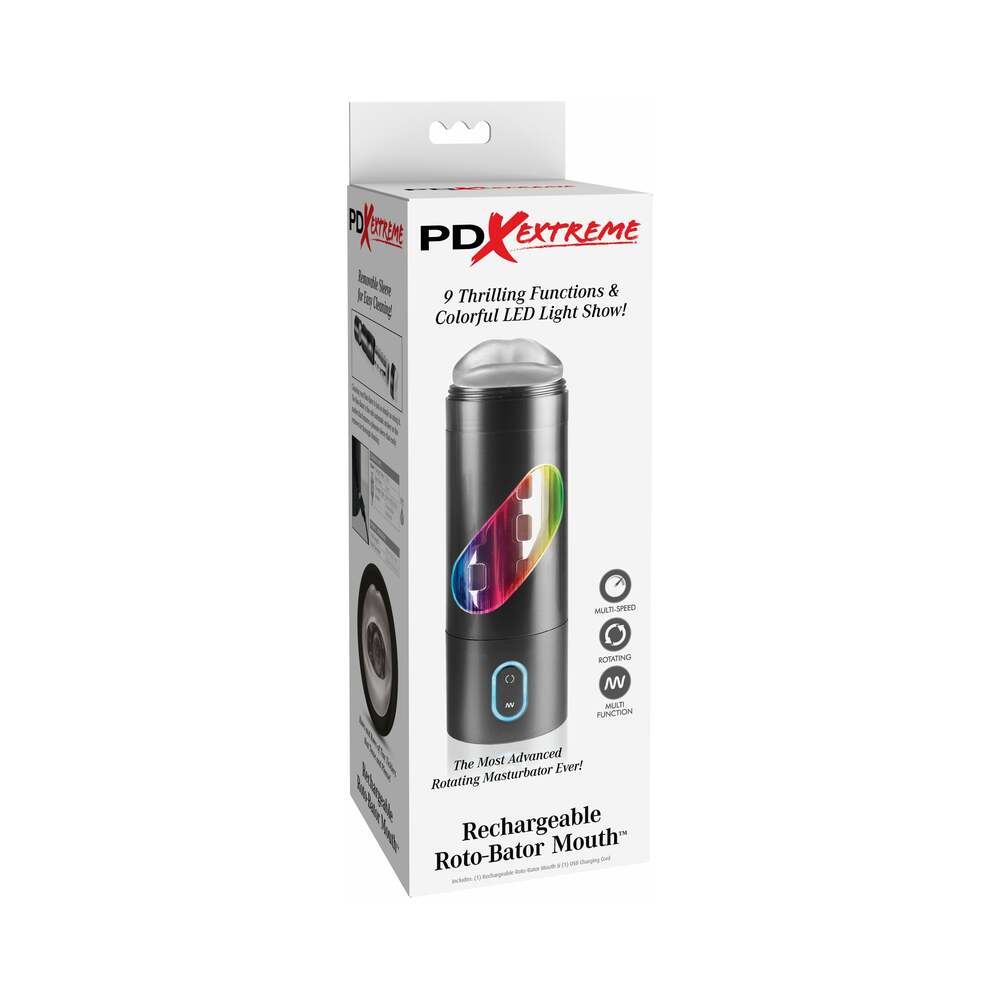 PDX Rechargeable Roto-Bator Mouth Light-Up Rotating Stroker Clear/Black - Fantasies Boutique