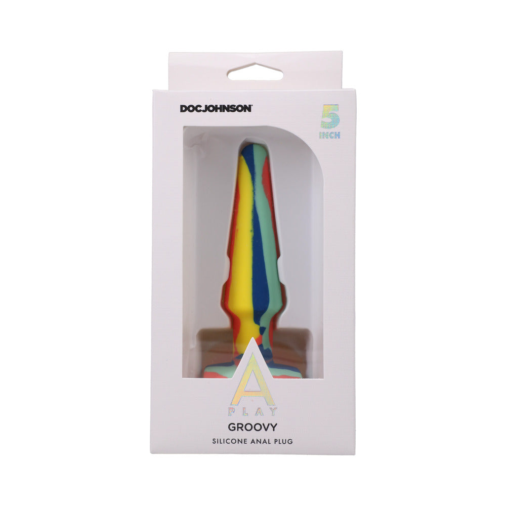 A-Play Groovy Silicone Anal Plug 5 in. Multi-Colored, Yellow - Fantasies Boutique