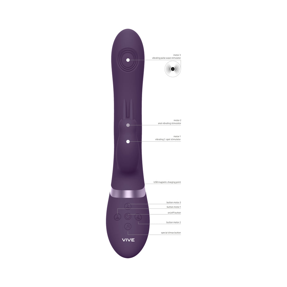 VIVE RINI Rechargeable Triple-Motor Pulse-Wave Dual Entry Silicone Rabbit Vibrator Purple - Fantasies Boutique
