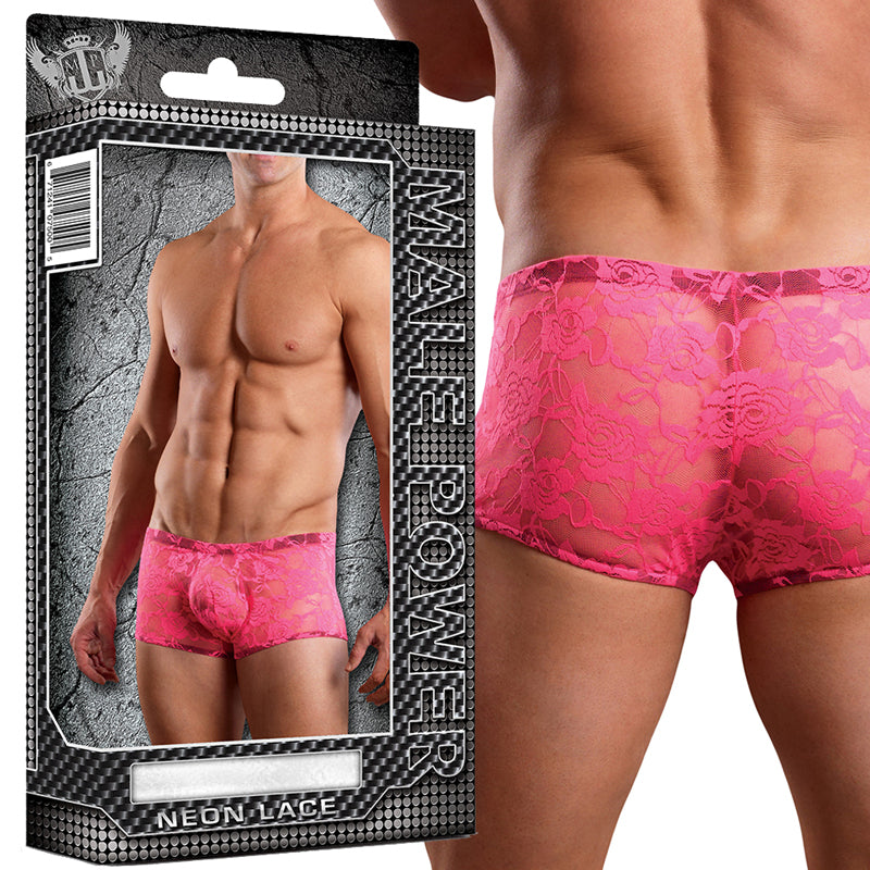 Male Power Mini Short Neon Lace Hot Pink M - Fantasies Boutique