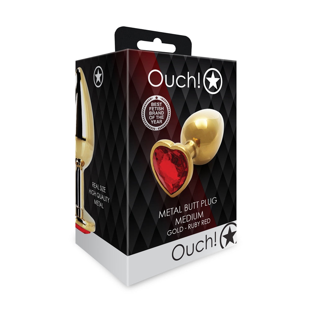 Shots Ouch! Heart Gem Butt Plug Medium Gold/Ruby Red - Fantasies Boutique