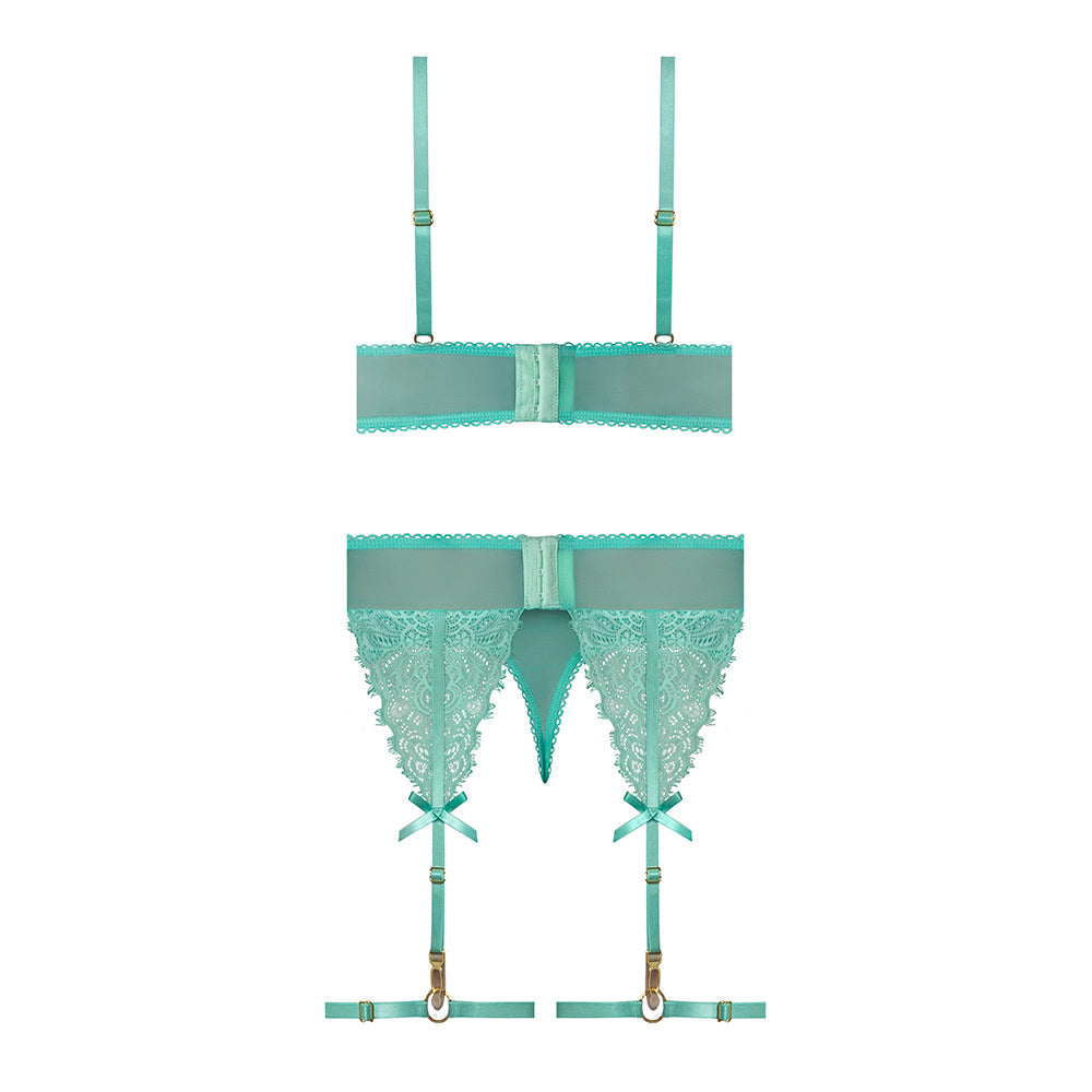 Magic Silk Caribbean Crush Demi Bra & Thong with Garter Set Aqua Glow S/M