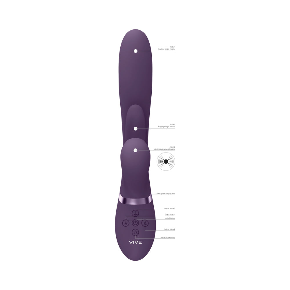 VIVE KURA Rechargeable Thrusting Silicone G-Spot Vibrator with Flapping Tongue and Pulse Wave Stimulator Purple - Fantasies Boutique