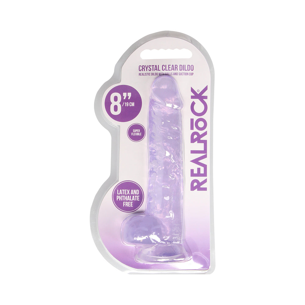 RealRock Crystal Clear Realistic 8 in. Dildo With Balls and Suction Cup Purple - Fantasies Boutique