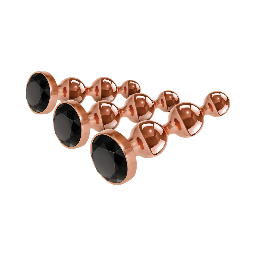Gender X Gold Digger 3-Piece Rose Gold Beaded Anal Plug With Black Gemstone Base Set - Fantasies Boutique