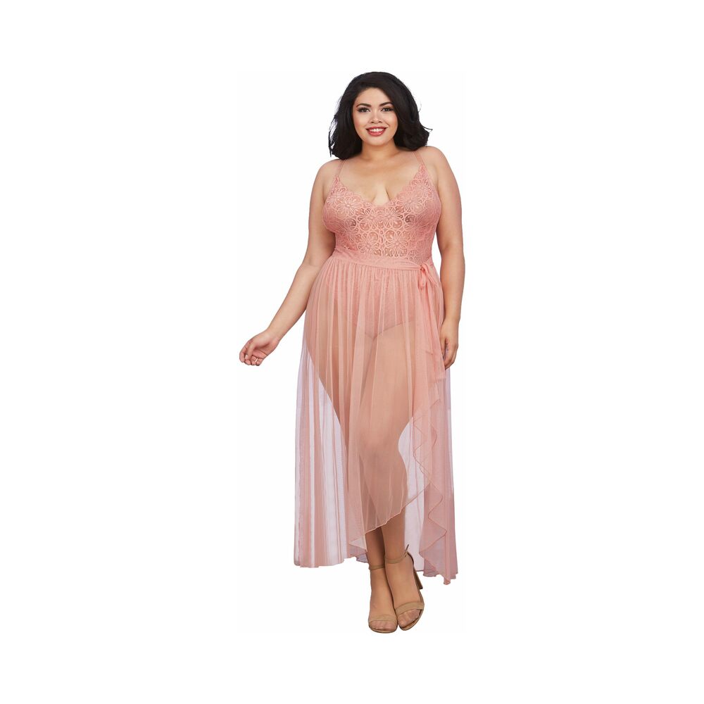 Dreamgirl Teddy & Sheer Mesh Maxi Skirt With G-String Rose Queen 2X Hanging - Fantasies Boutique