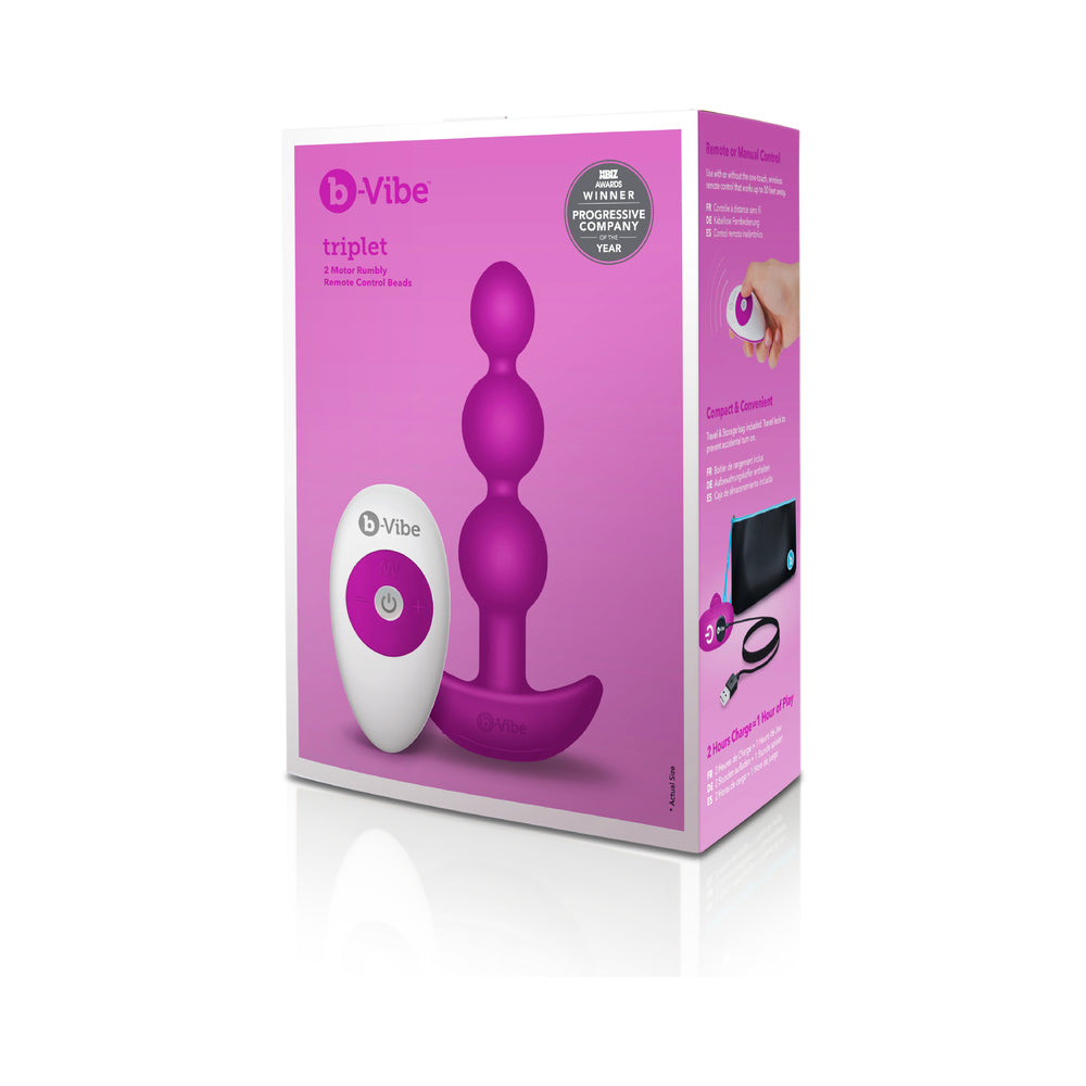 b-Vibe Triplet Rechargeable Remote-Controlled Vibrating Anal Beads Plug Fuchsia - Fantasies Boutique