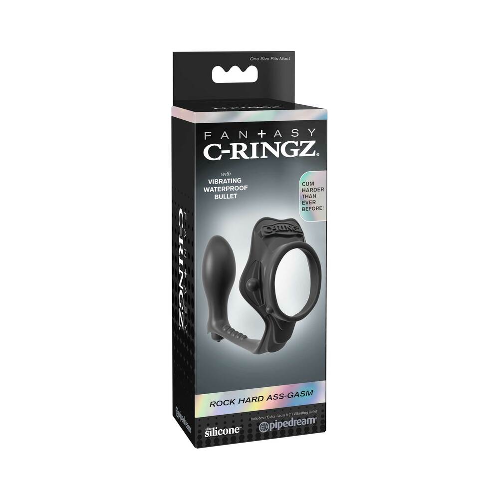 Fantasy C-Ringz Rock Hard Ass-Gasm Vibrating Silicone Cockring With Anal Plug Black - Fantasies Boutique