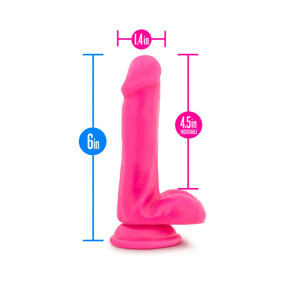 Neo Elite 6 in. Silicone Dual Density Dildo with Balls Neon Pink - Fantasies Boutique
