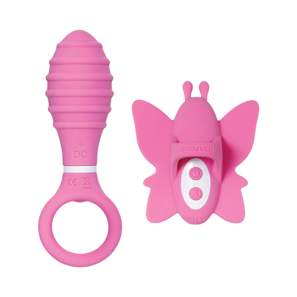 Evolved Double Date Rechargeable Silicone Vibrating Anal Plug and Clit Stimulator Couples Set Pink - Fantasies Boutique