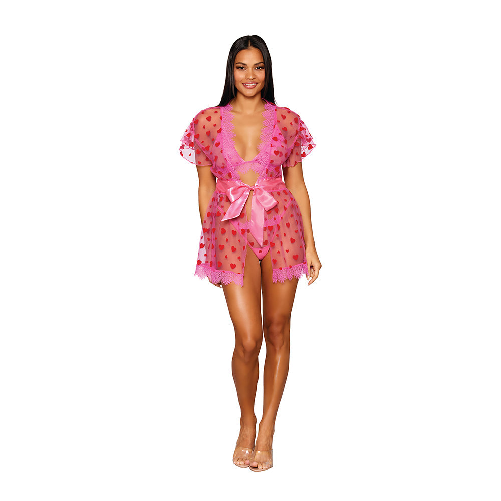 Dreamgirl Flocked Heart Mesh and Eyelash Lace Robe, Bralette, and G-string Set Peony XL - Fantasies Boutique