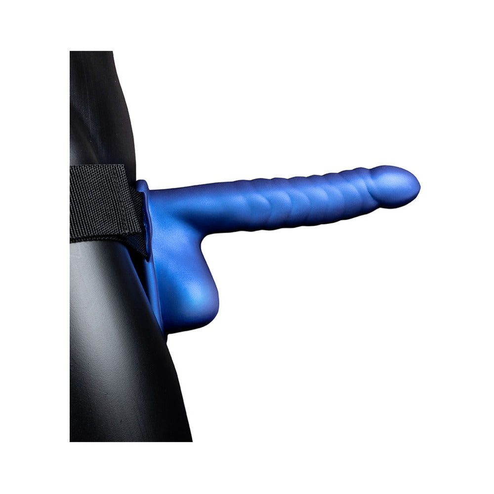 Ouch! Ribbed 8 in. Hollow Strap-On with Balls Metallic Blue - Fantasies Boutique