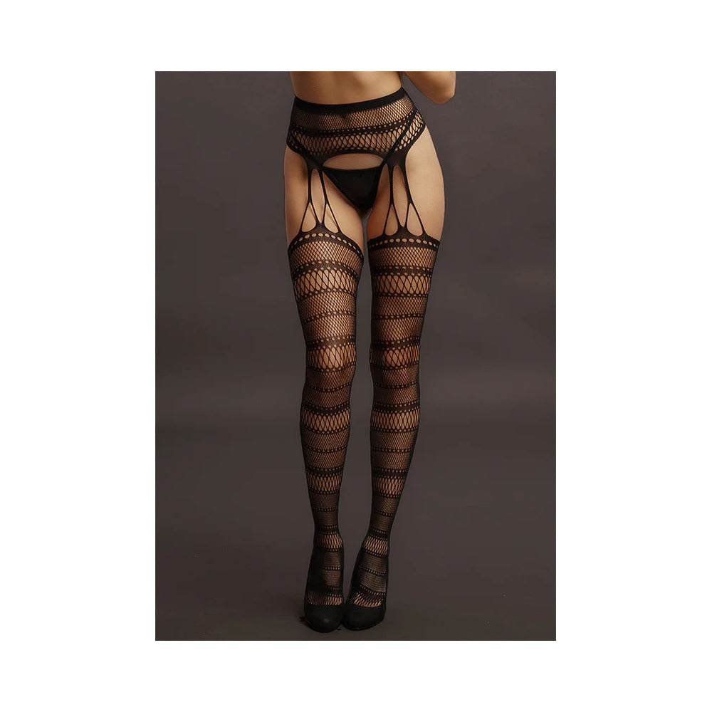 Shots Le Desir Suspender Striped Pantyhose Black O/S - Fantasies Boutique